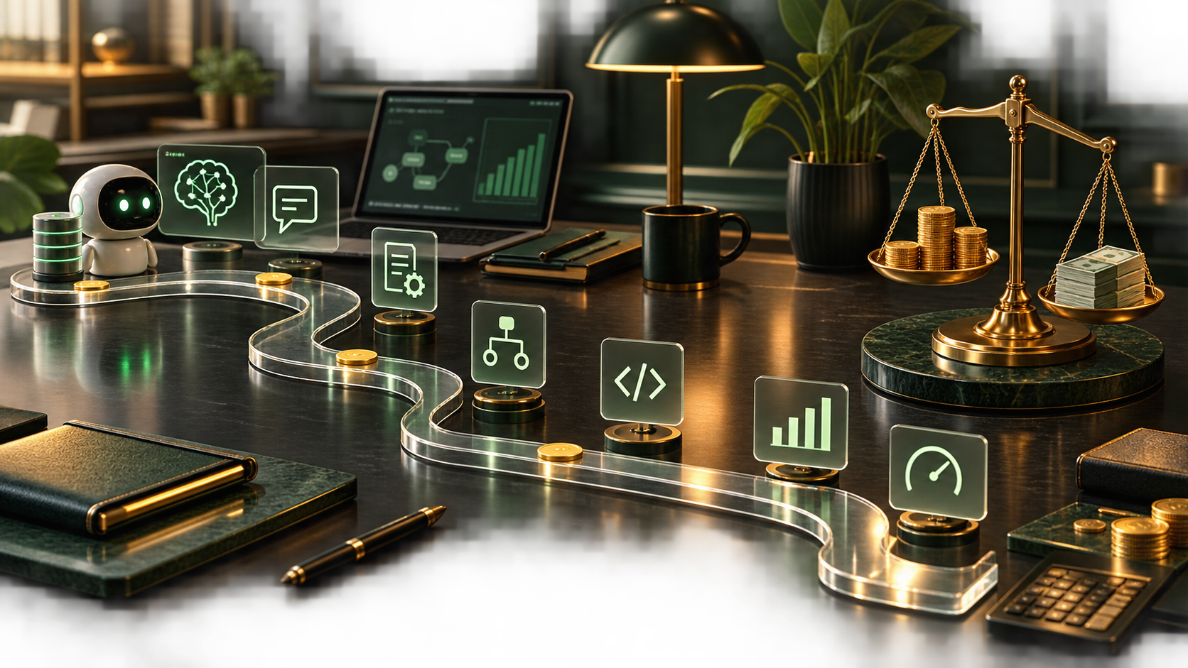 A multi-step transparent workflow leading to a financial balance on a desk.