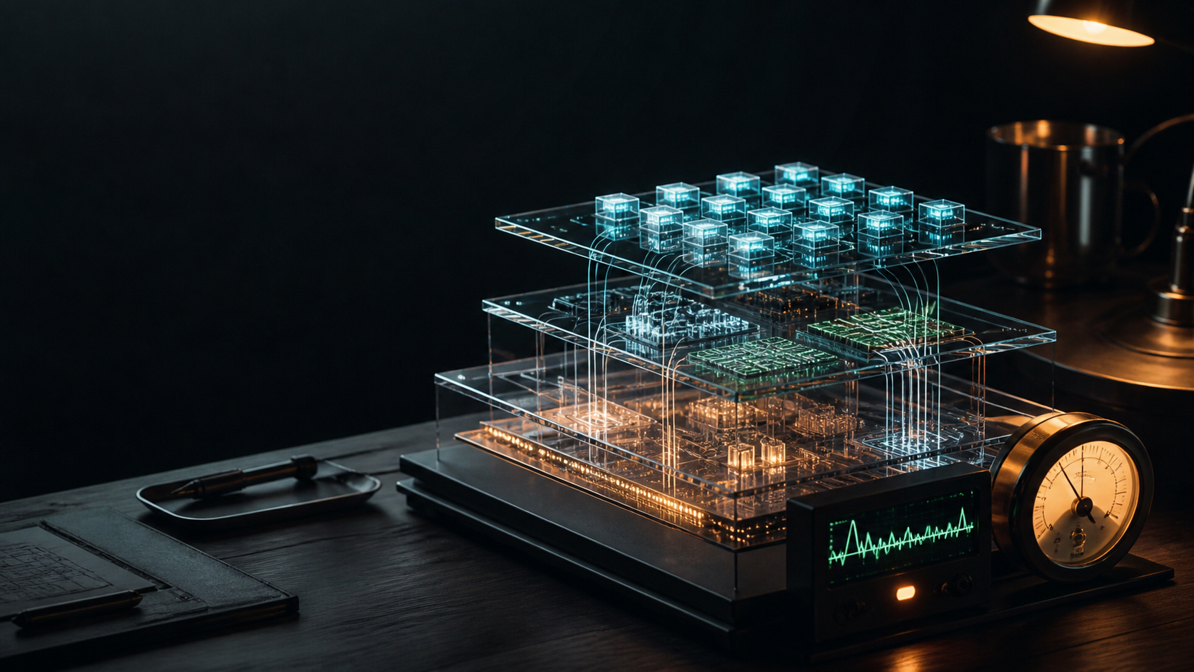 A layered transparent AI system with a live monitoring trace on an operations desk.