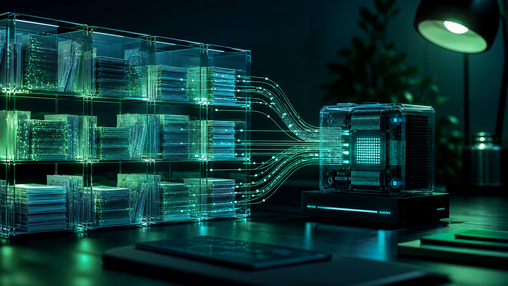 Transparent shelves of indexed documents feeding into a compact compute core.
