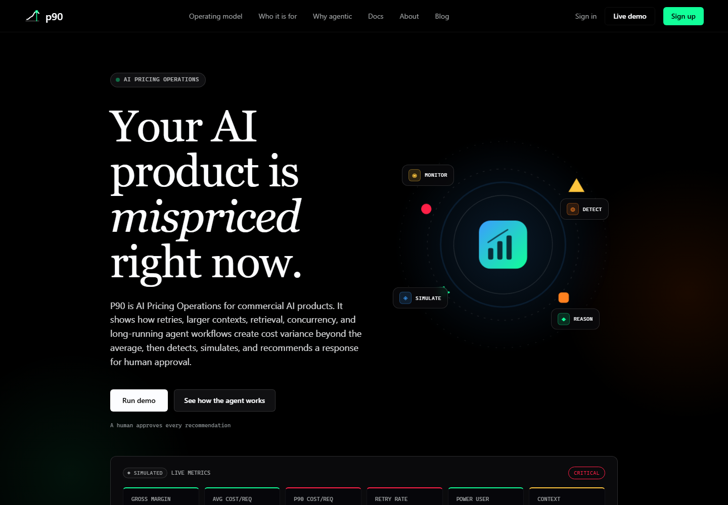 p90 landing page showing the Run demo and Sign up actions